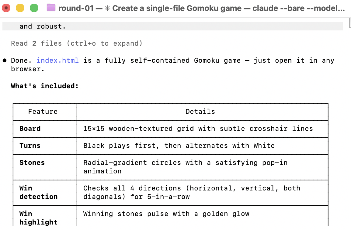 Claude Code successfully generating the Gomoku HTML game