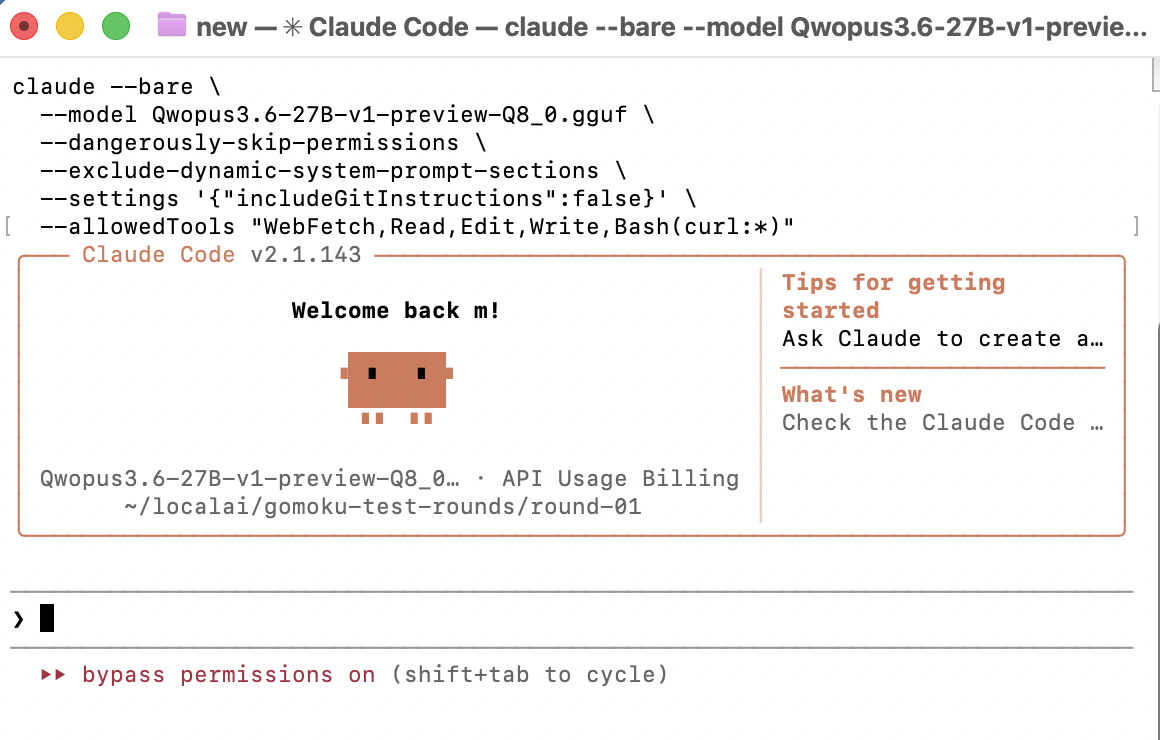 Local llama-server and Claude Code setup running on a MacBook with a Qwen3.6 27B model